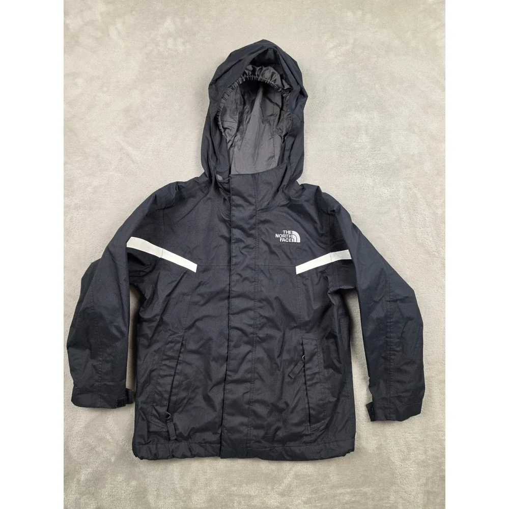 The North Face HyVent Jacket Boys XXS Black Hooded Rain Shell Reflective Stripe